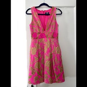Marchesa Notte pink/gold metallic floral dress, 6.